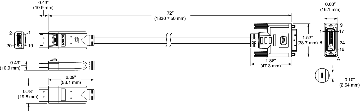 DP Cables Dimensions DP DVI